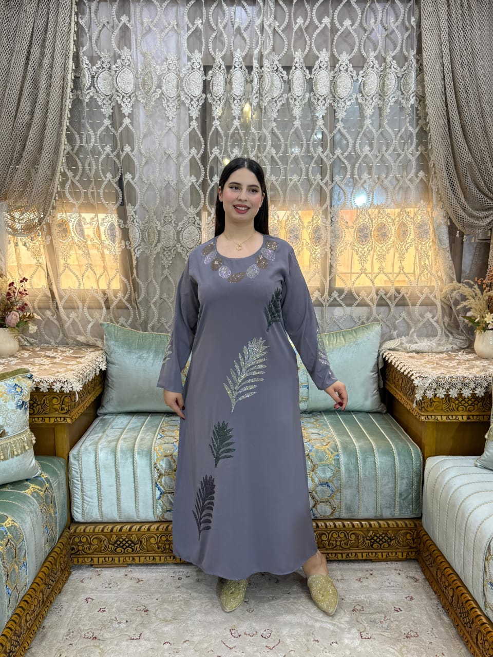 Elegant Leaf Embellished Maxi Dress