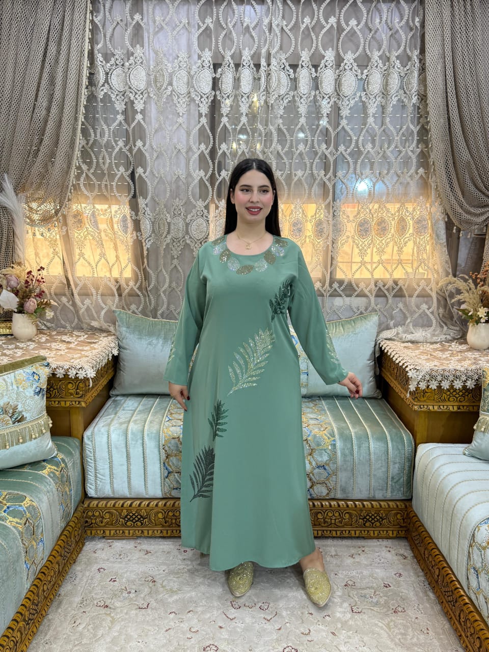 Elegant Leaf Embellished Maxi Dress